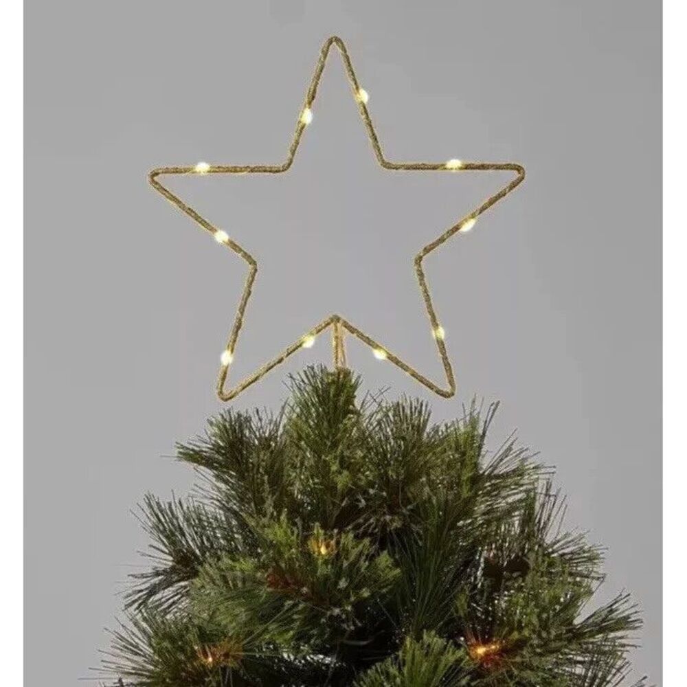 Star Christmas Tree Topper Gold Light Up 10in LED Lit Dewdrop Glitter Metal Open